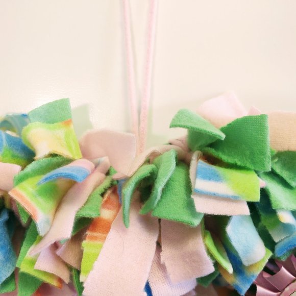 Hand Crafted Baby Girl Heart Shape Fleece Pink Green Multi Fabric Rag Wreath 16" - Picture 3 of 8